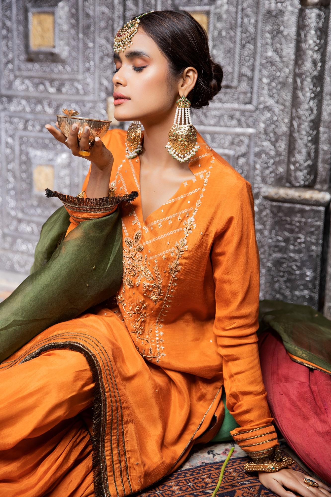Pakistani Orange Embroidered PK Raw Silk Gharara Set (3-Piece) - Image 6