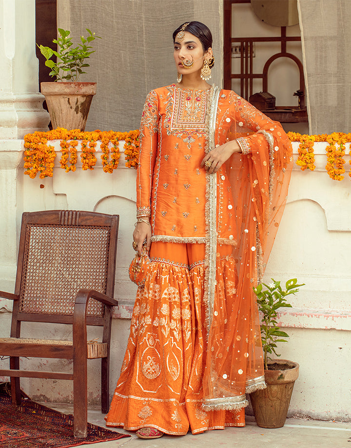 Pakistani Orange Hand-Embellished Silk Gharara Set (3-Piece) - Image 1
