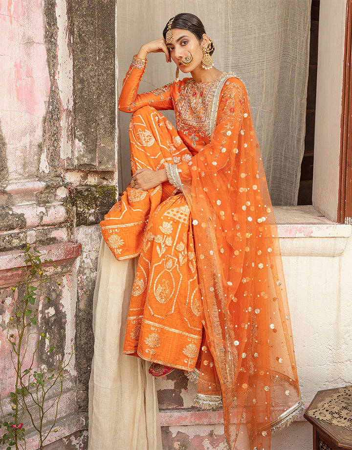 Pakistani Orange Hand-Embellished Silk Gharara Set (3-Piece) - Image 12