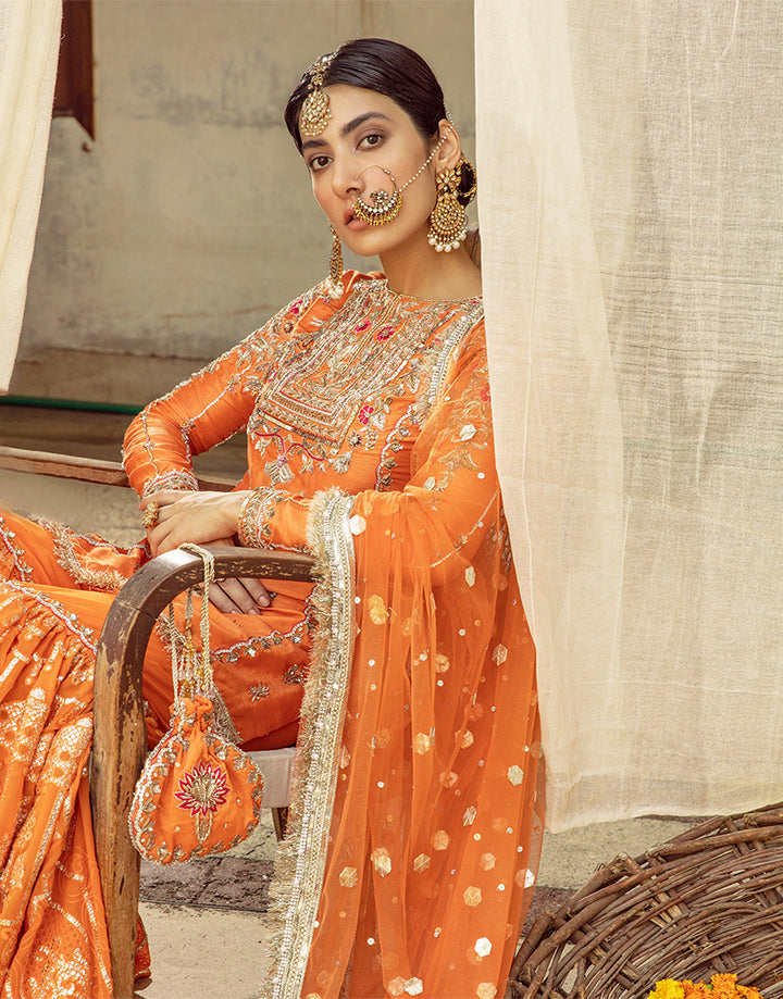 Pakistani Orange Hand-Embellished Silk Gharara Set (3-Piece) - Image 5