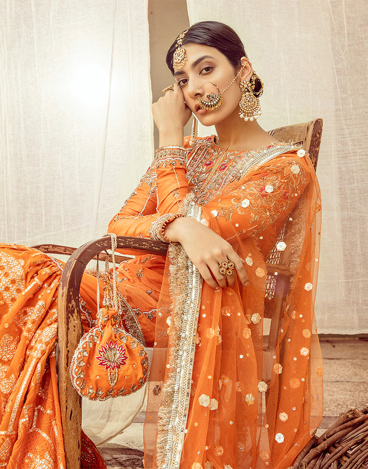 Pakistani Orange Hand-Embellished Silk Gharara Set (3-Piece) - Image 8