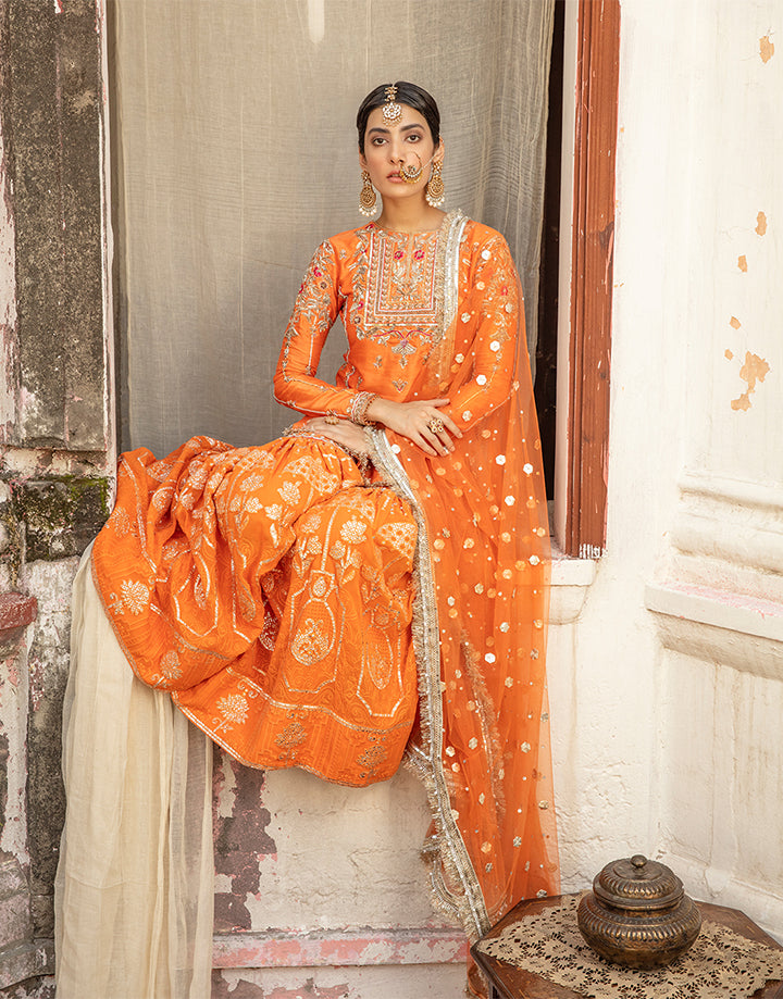 Pakistani Orange Hand-Embellished Silk Gharara Set (3-Piece) - Image 14