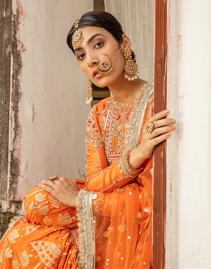 Pakistani Orange Hand-Embellished Silk Gharara Set (3-Piece) - Image 2