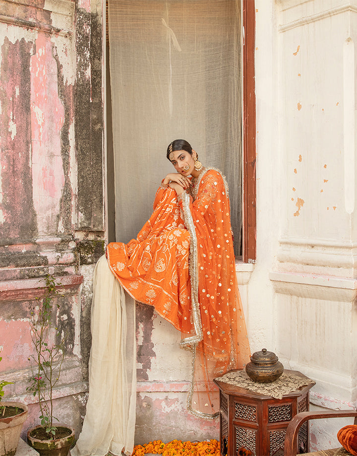 Pakistani Orange Hand-Embellished Silk Gharara Set (3-Piece) - Image 3