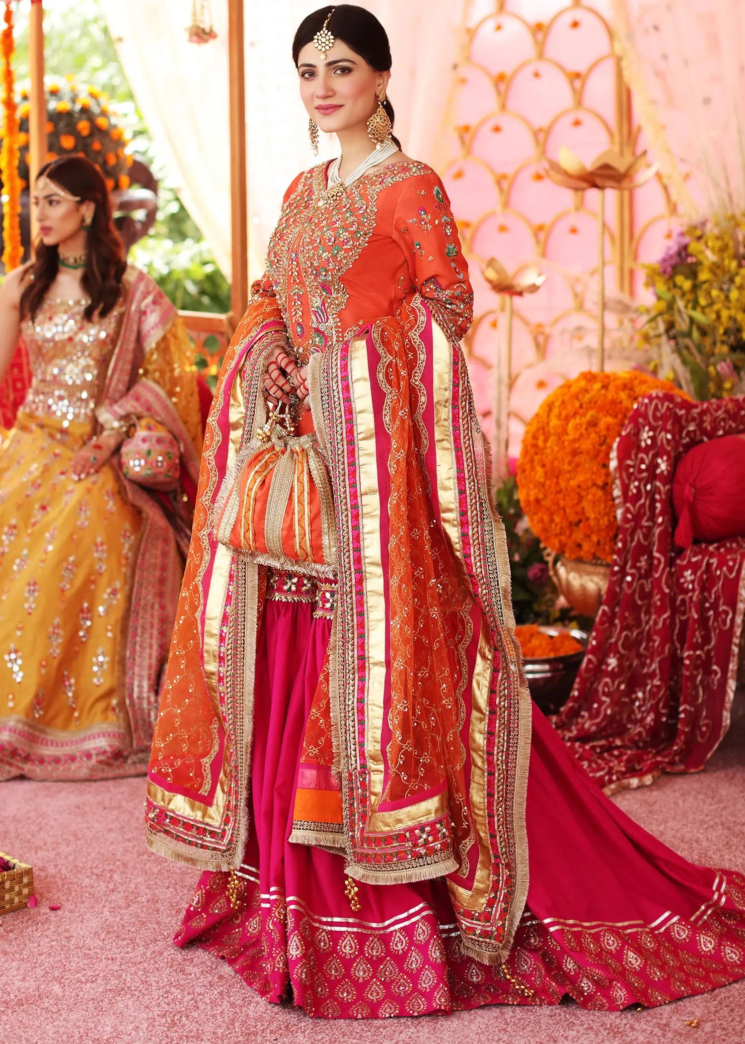 Pakistani Orange Pink Embellished Silk Gharara (3-Piece) - Image 1