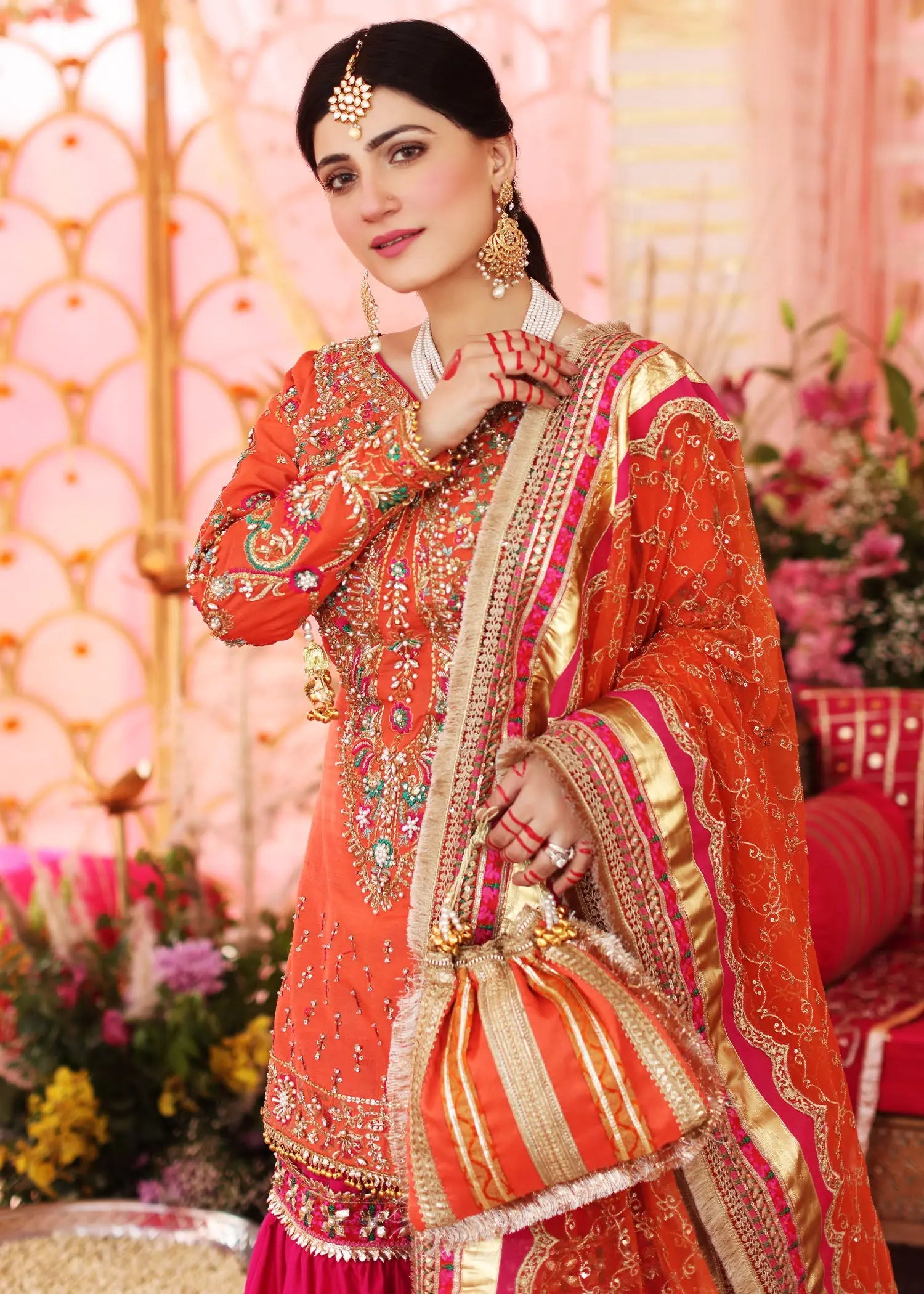 Pakistani Orange Pink Embellished Silk Gharara (3-Piece) - Image 2