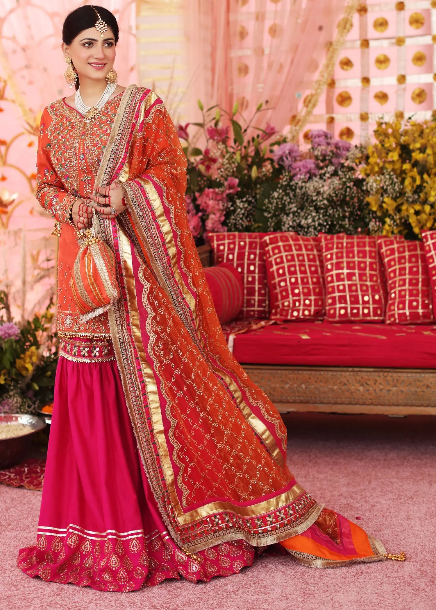 Pakistani Orange Pink Embellished Silk Gharara (3-Piece) - Image 3
