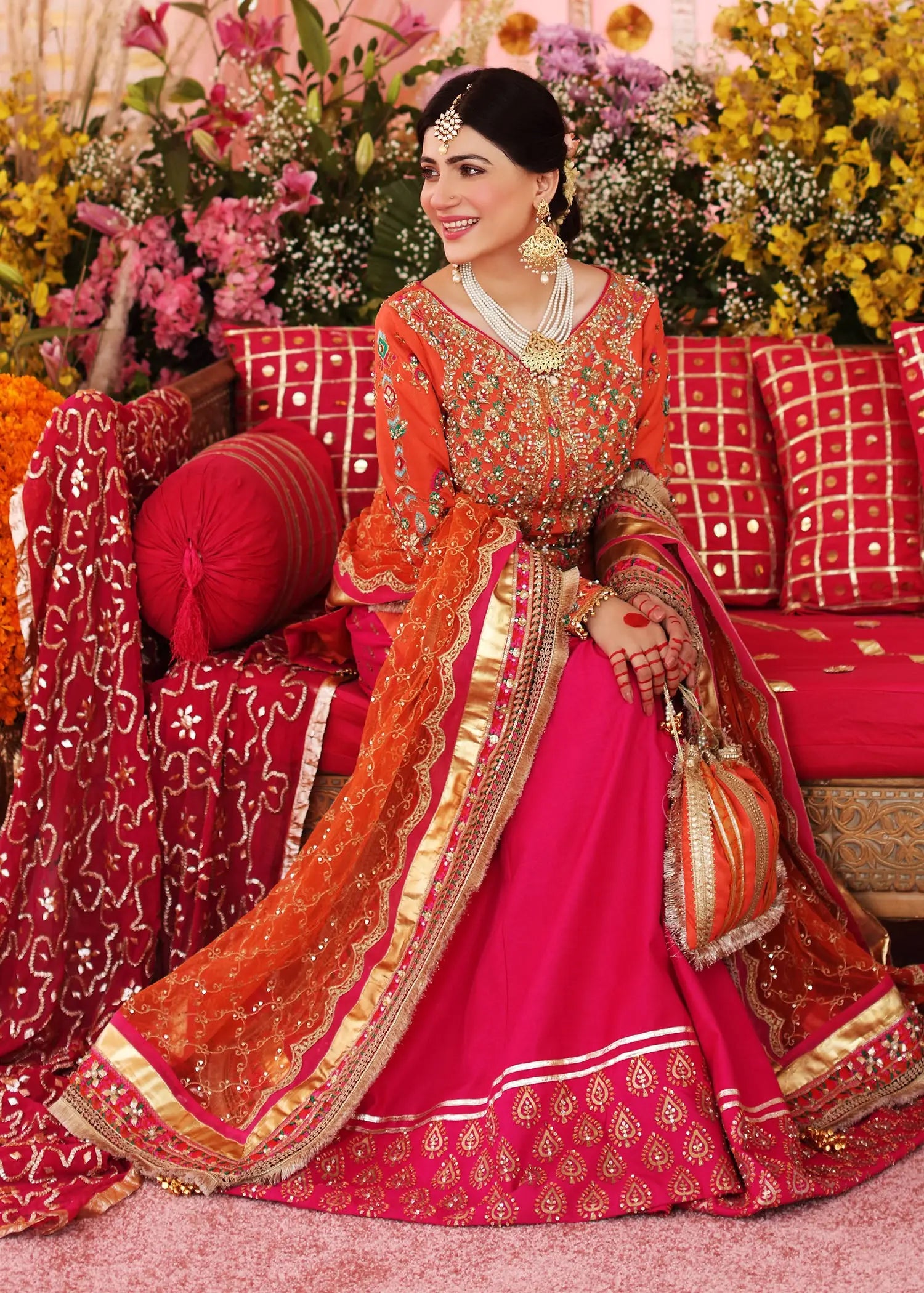Pakistani Orange Pink Embellished Silk Gharara (3-Piece) - Image 4