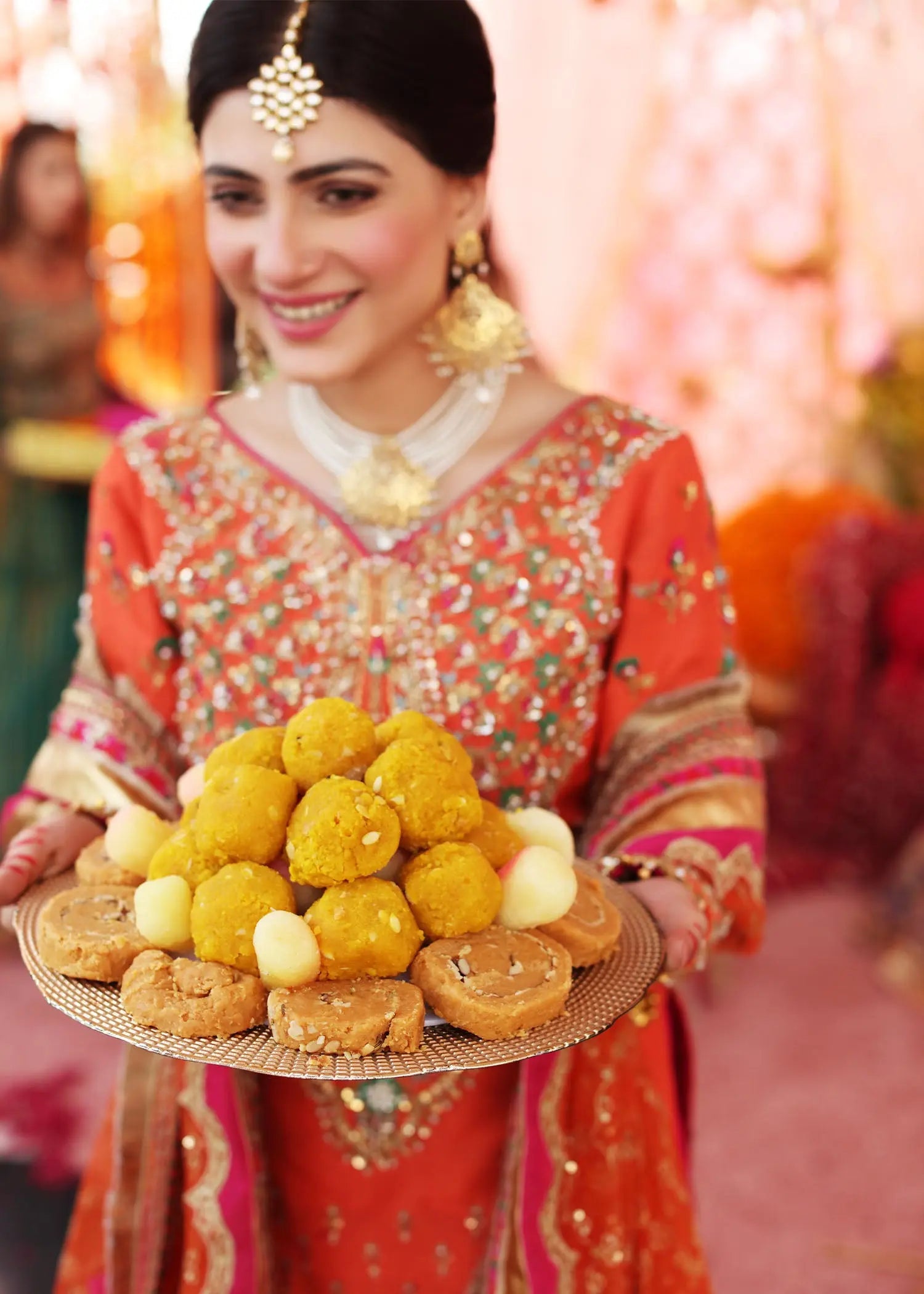 Pakistani Orange Pink Embellished Silk Gharara (3-Piece) - Image 5