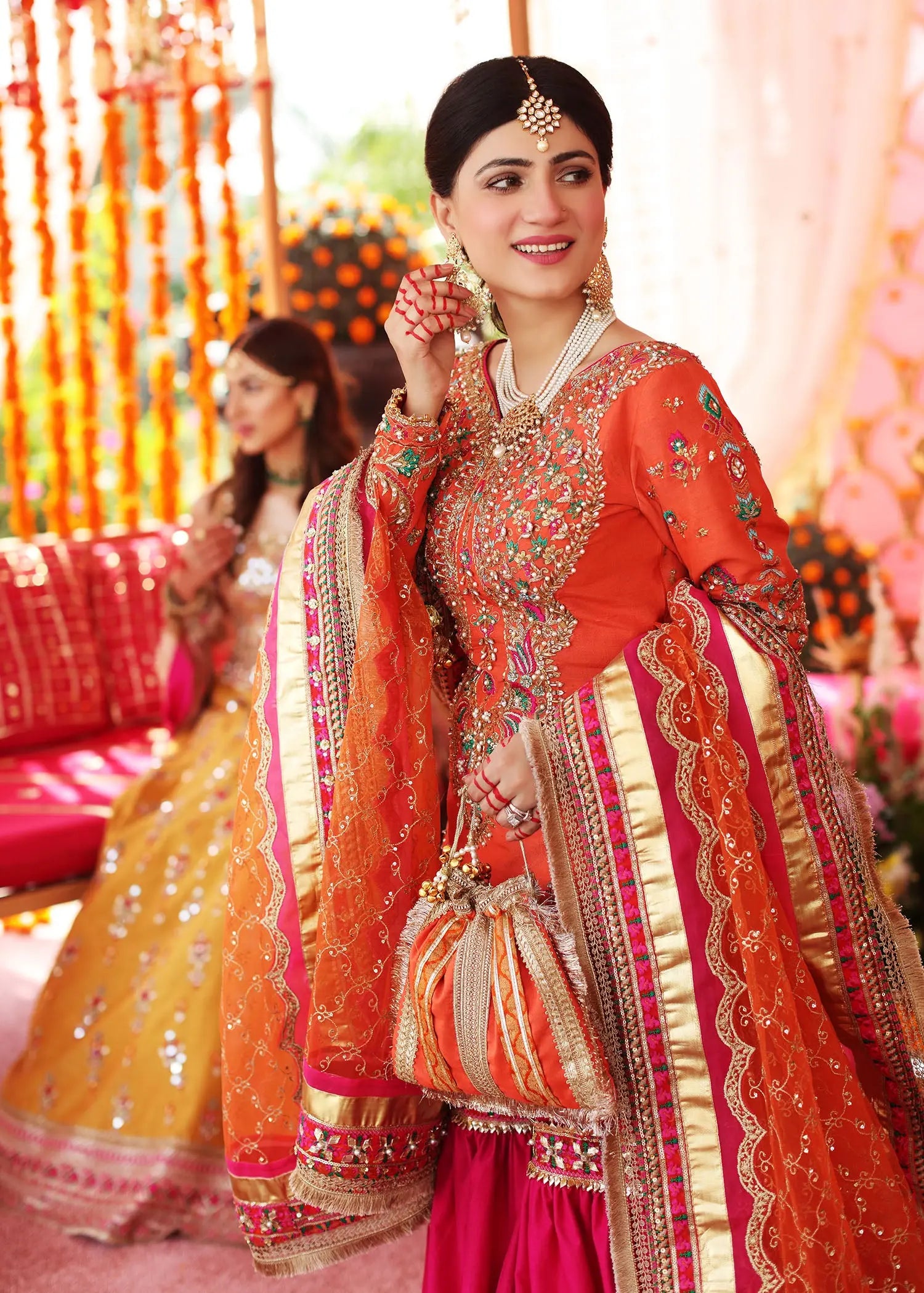 Pakistani Orange Pink Embellished Silk Gharara (3-Piece) - Image 6