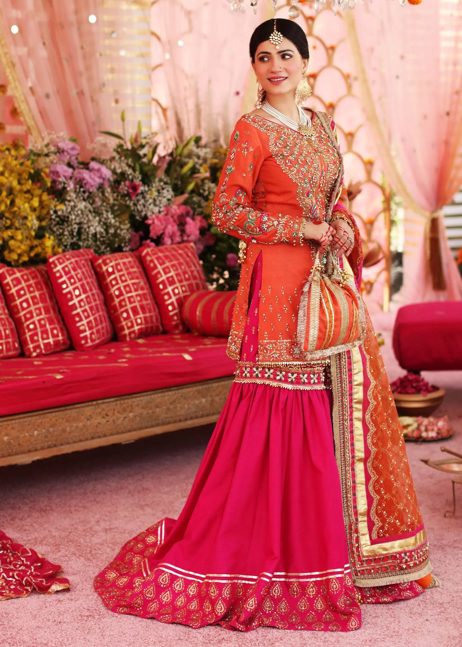 Pakistani Orange Pink Embellished Silk Gharara (3-Piece) - Image 7