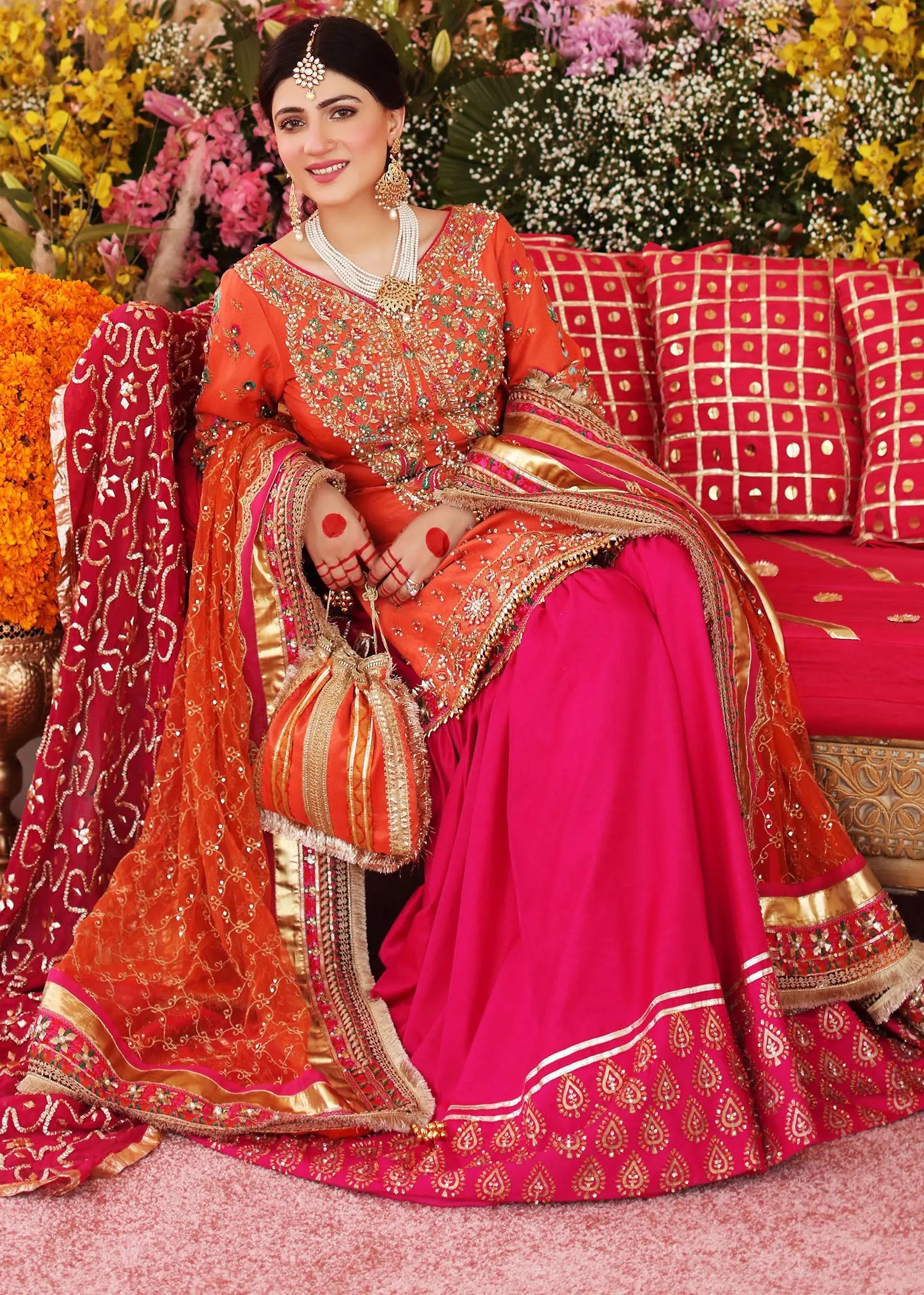 Pakistani Orange Pink Embellished Silk Gharara (3-Piece) - Image 8
