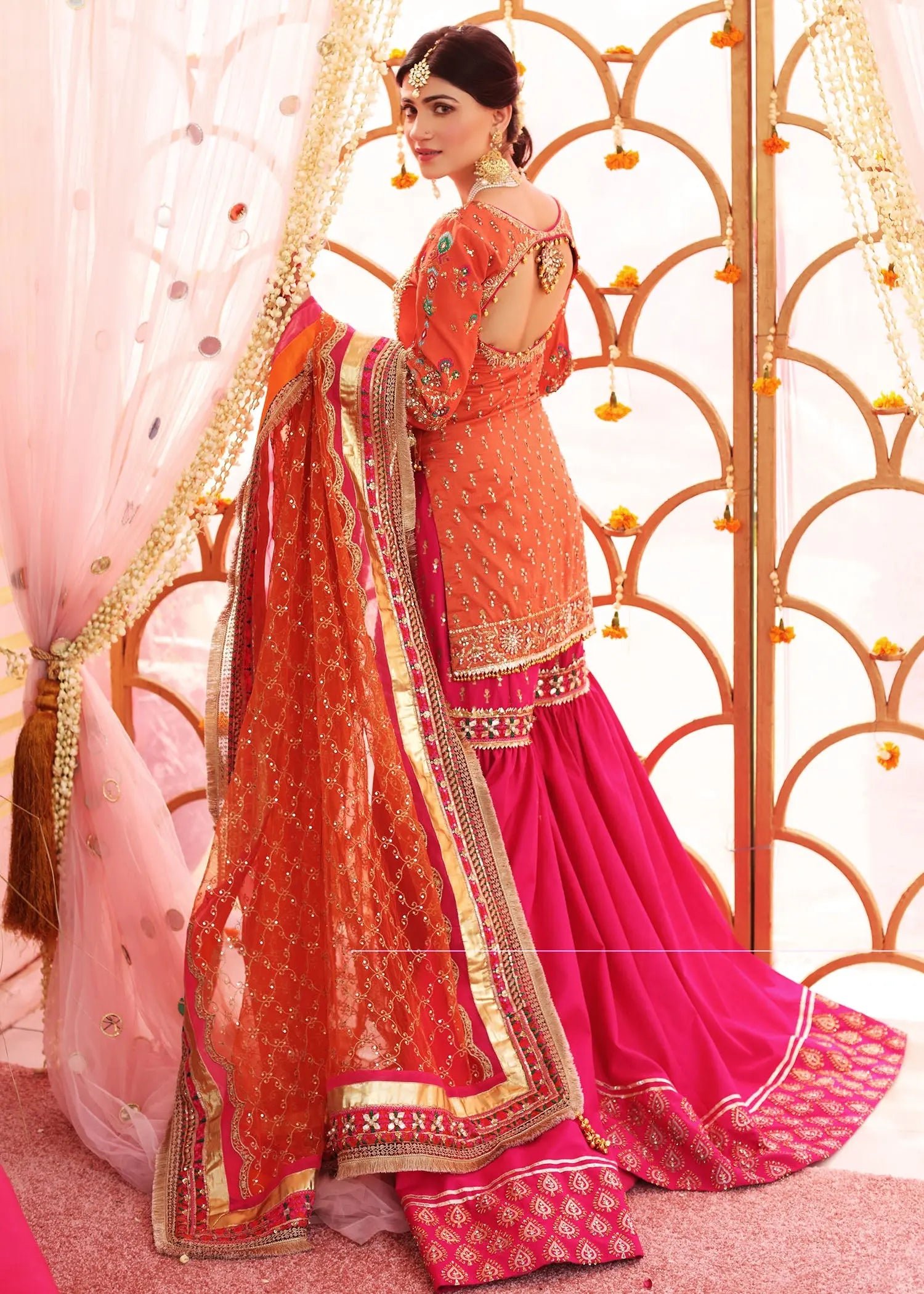 Pakistani Orange Pink Embellished Silk Gharara (3-Piece) - Image 9