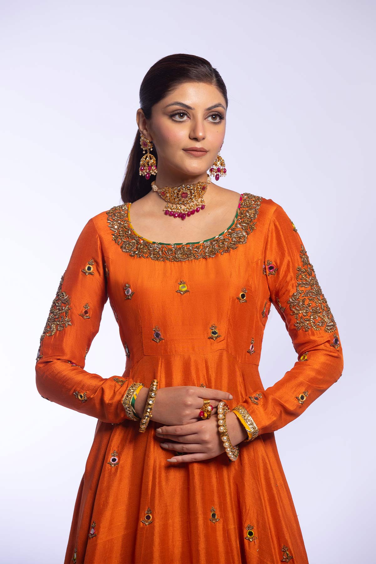 Pakistani Orange Zardozi Raw Silk Anarkali Gharara (3-Piece) - Image 10