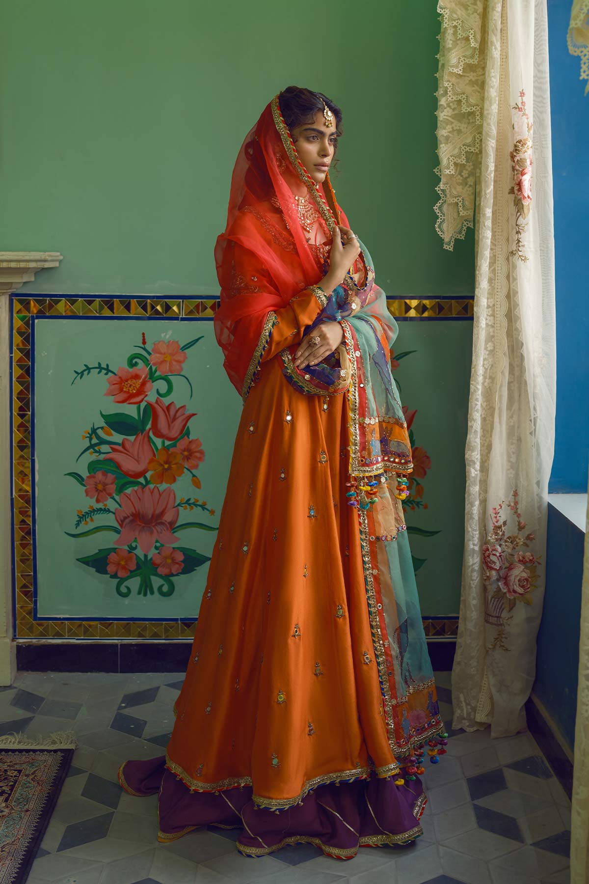 Pakistani Orange Zardozi Raw Silk Anarkali Gharara (3-Piece) - Image 11