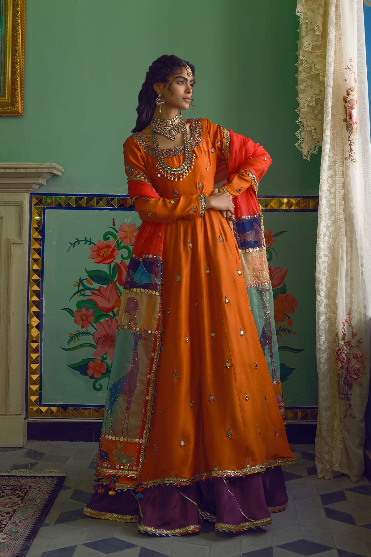 Pakistani Orange Zardozi Raw Silk Anarkali Gharara (3-Piece) - Image 13