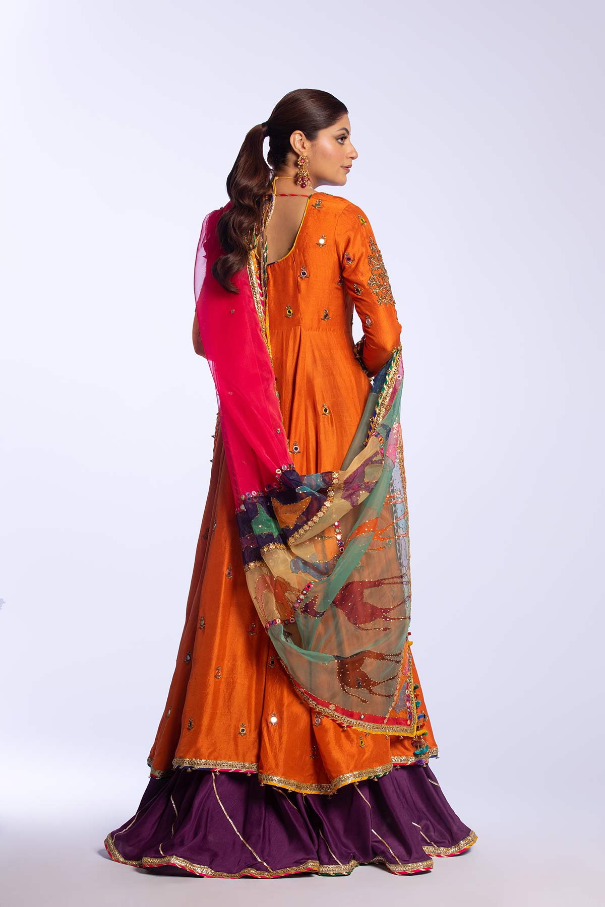 Pakistani Orange Zardozi Raw Silk Anarkali Gharara (3-Piece) - Image 14