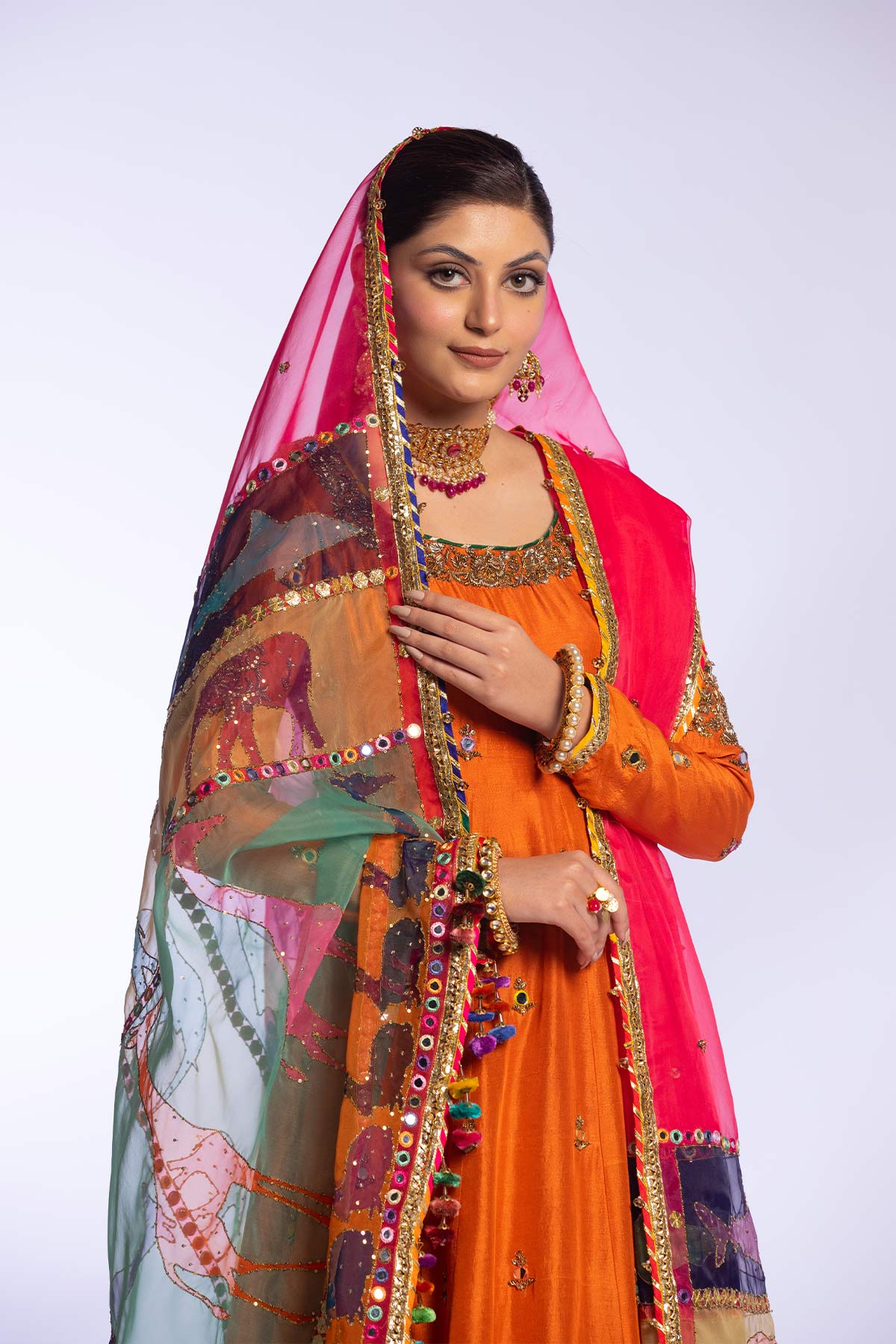 Pakistani Orange Zardozi Raw Silk Anarkali Gharara (3-Piece) - Image 4