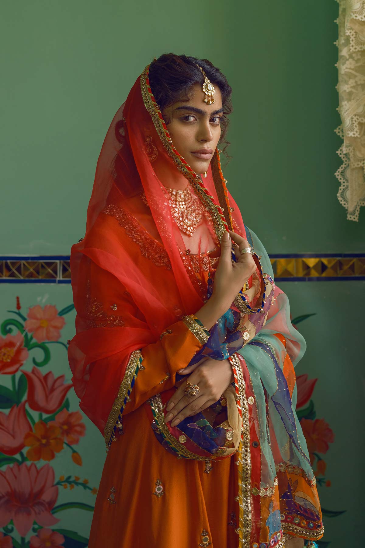 Pakistani Orange Zardozi Raw Silk Anarkali Gharara (3-Piece) - Image 5