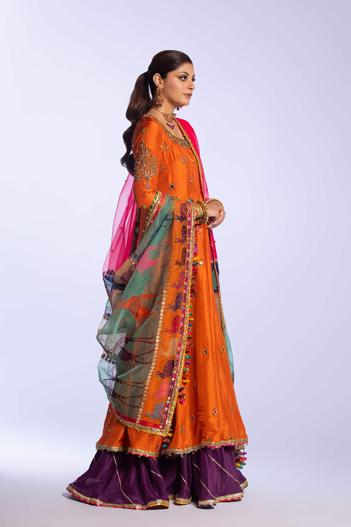 Pakistani Orange Zardozi Raw Silk Anarkali Gharara (3-Piece) - Image 6