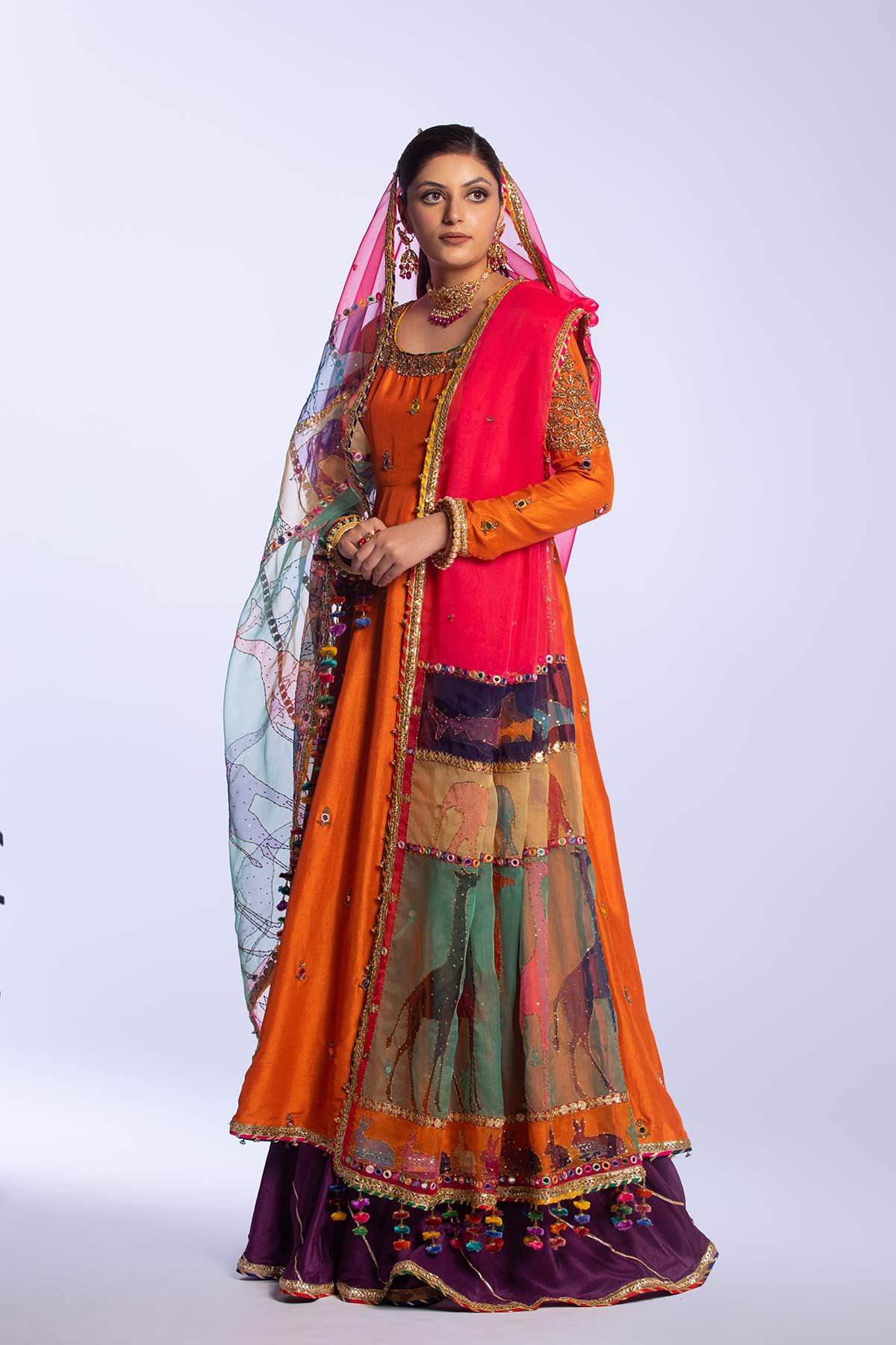 Pakistani Orange Zardozi Raw Silk Anarkali Gharara (3-Piece) - Image 9