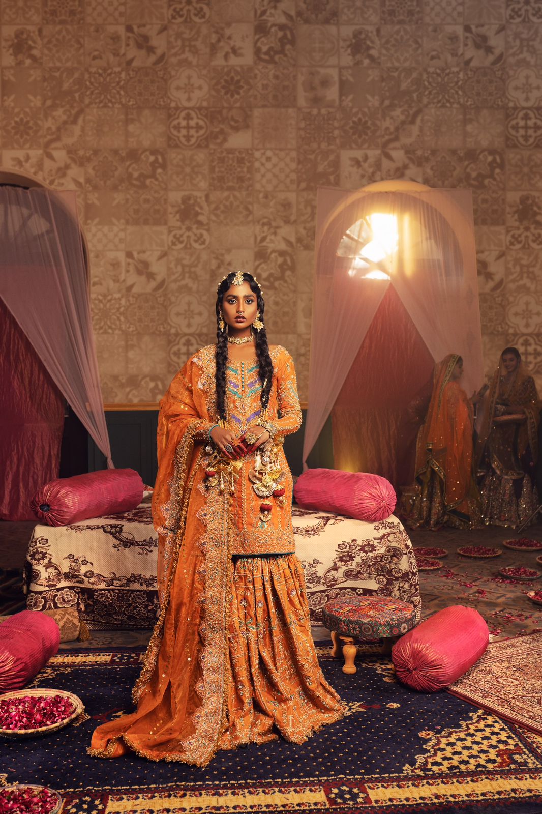 Pakistani Rust Orange Embroidered Silk-Blend Gharara Set (3-Piece) - Image 2