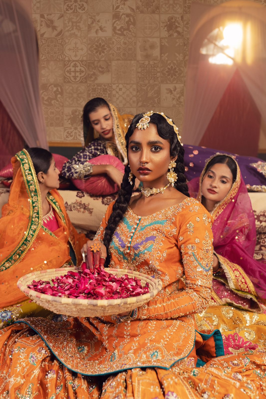 Pakistani Rust Orange Embroidered Silk-Blend Gharara Set (3-Piece) - Image 3