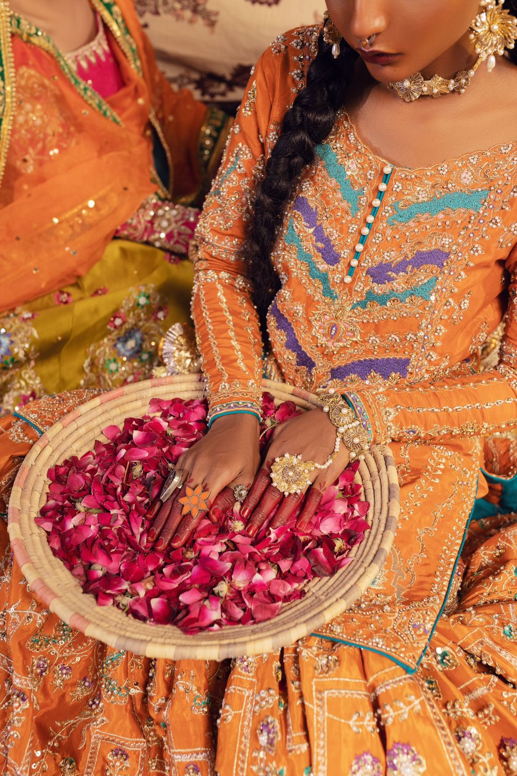 Pakistani Rust Orange Embroidered Silk-Blend Gharara Set (3-Piece) - Image 4