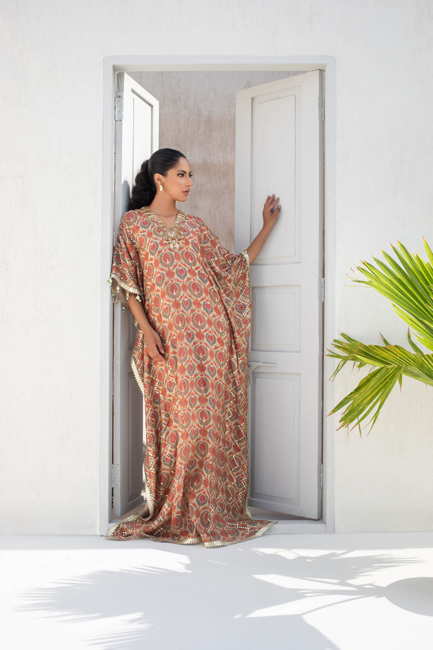 Pakistani Tangerine Printed Cotton Net Embellished Kaftan (1-Pc) - Image 1