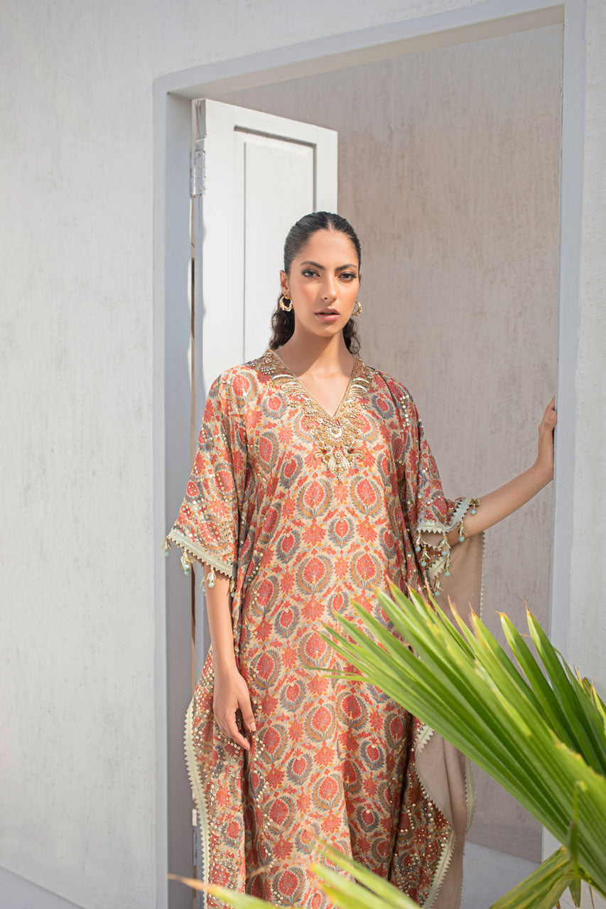 Pakistani Tangerine Printed Cotton Net Embellished Kaftan (1-Pc) - Image 2