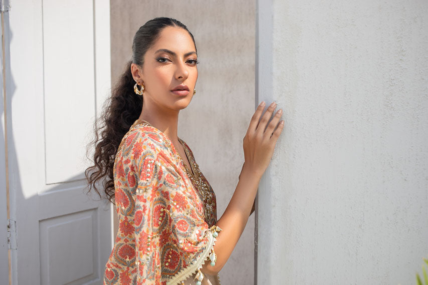 Pakistani Tangerine Printed Cotton Net Embellished Kaftan (1-Pc) - Image 6