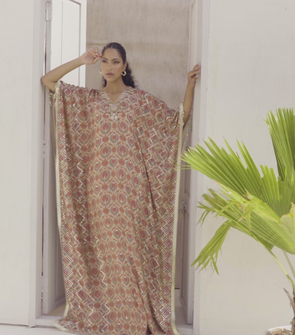 Pakistani Tangerine Printed Cotton Net Embellished Kaftan (1-Pc) - Image 7