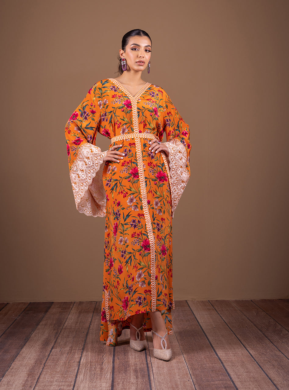 Orange Floral Crepe Silk Embroidered Kaftan (1-Pc) - Image 4