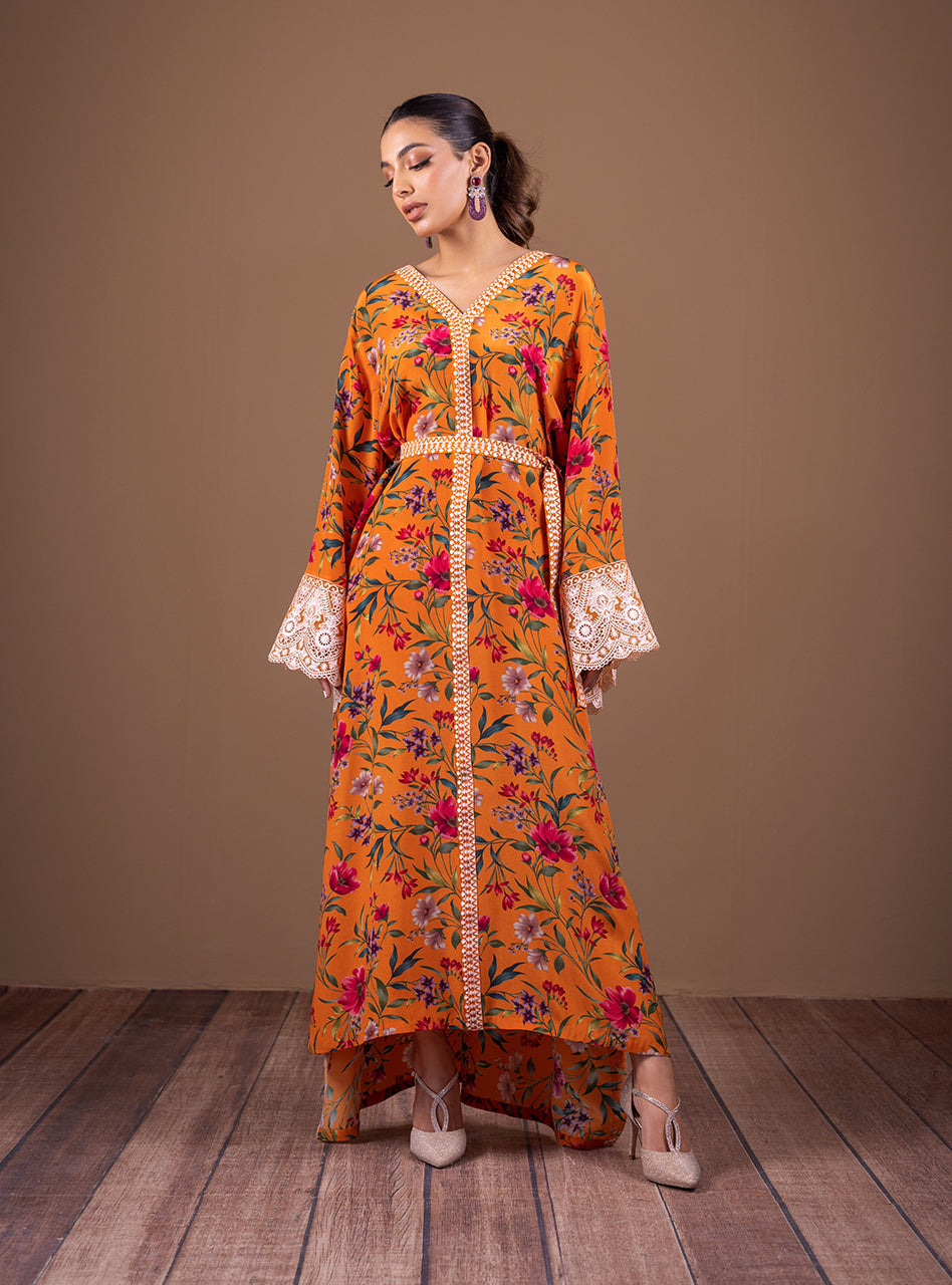 Orange Floral Crepe Silk Kaftan (1-Pc) - Image 1