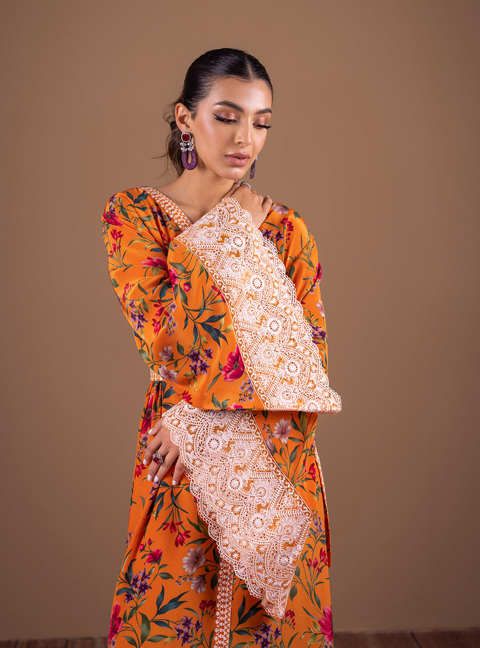 Orange Floral Crepe Silk Kaftan (1-Pc) - Image 2