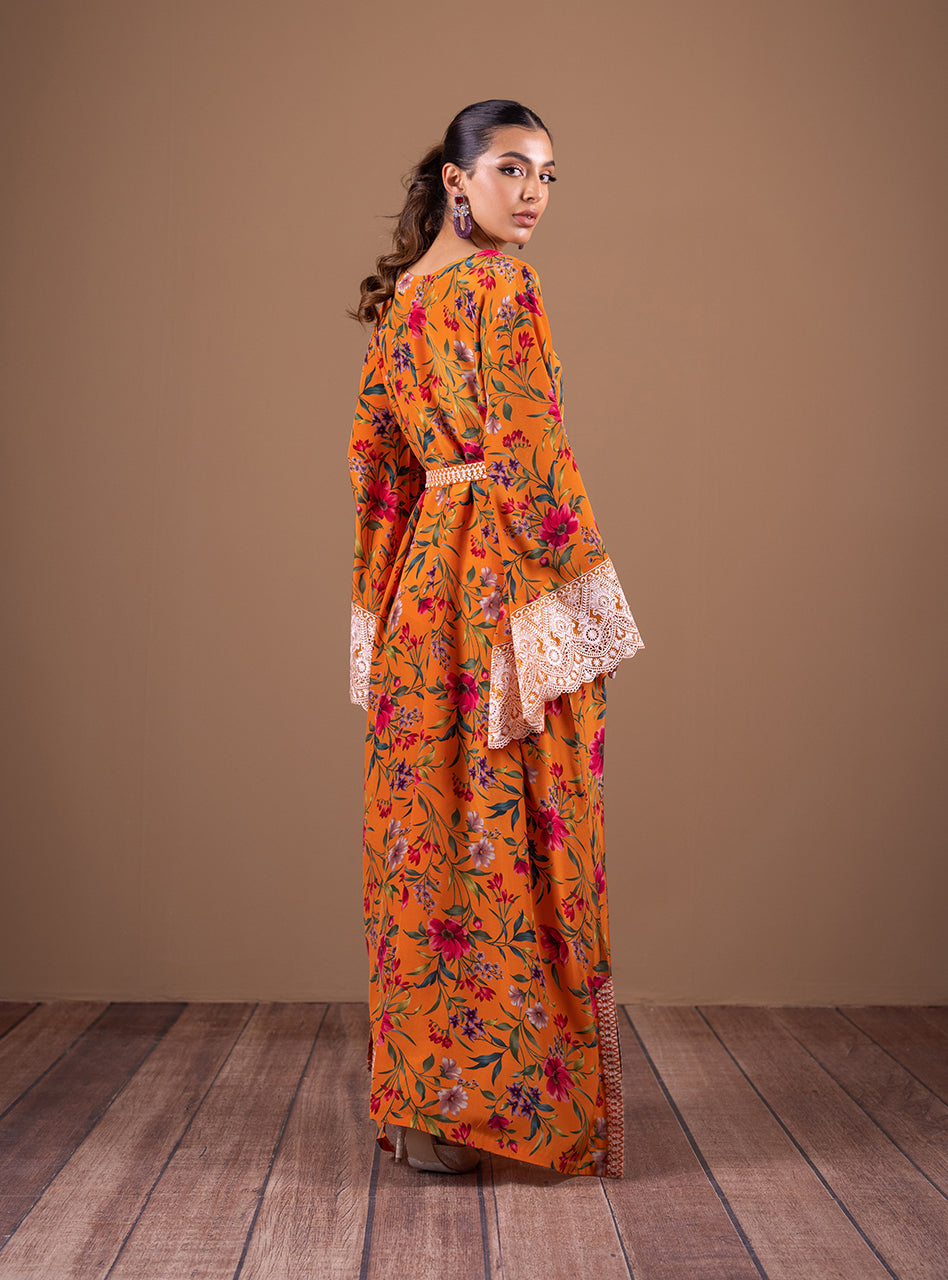 Orange Floral Crepe Silk Kaftan (1-Pc) - Image 3