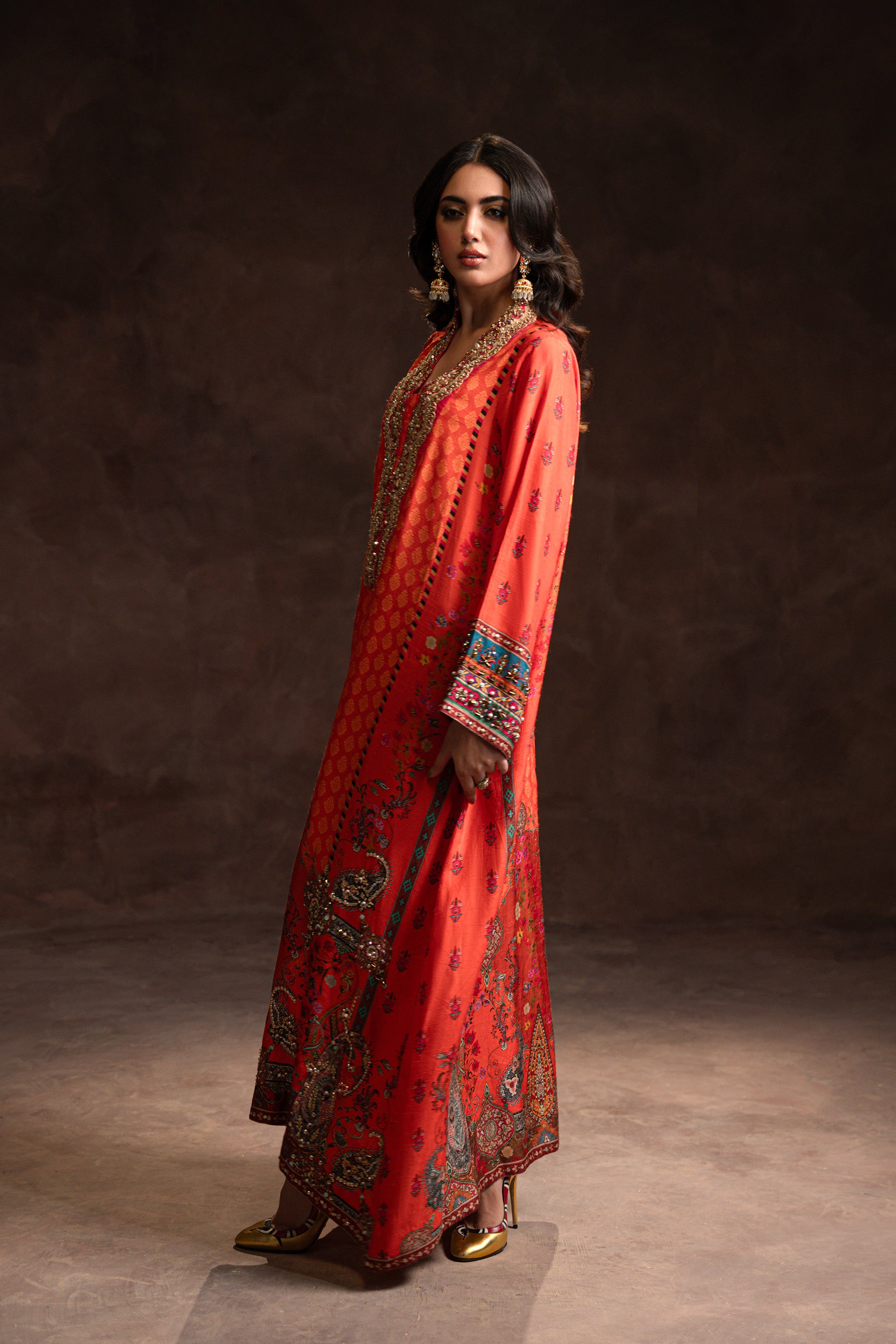 Pakistani Orange Embellished Blended Silk Kaftan (2-Piece) - Image 3