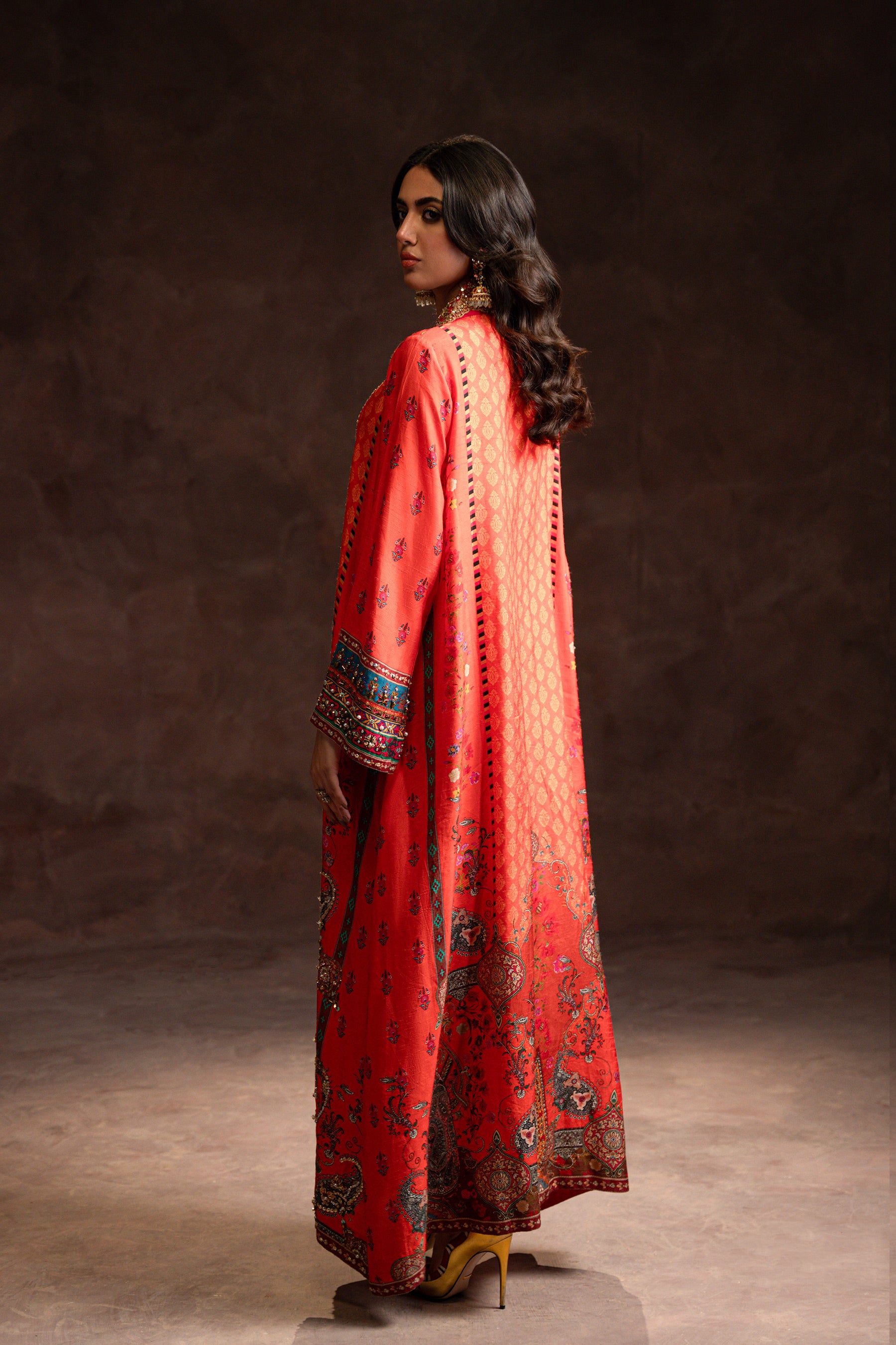 Pakistani Orange Embellished Blended Silk Kaftan (2-Piece) - Image 5