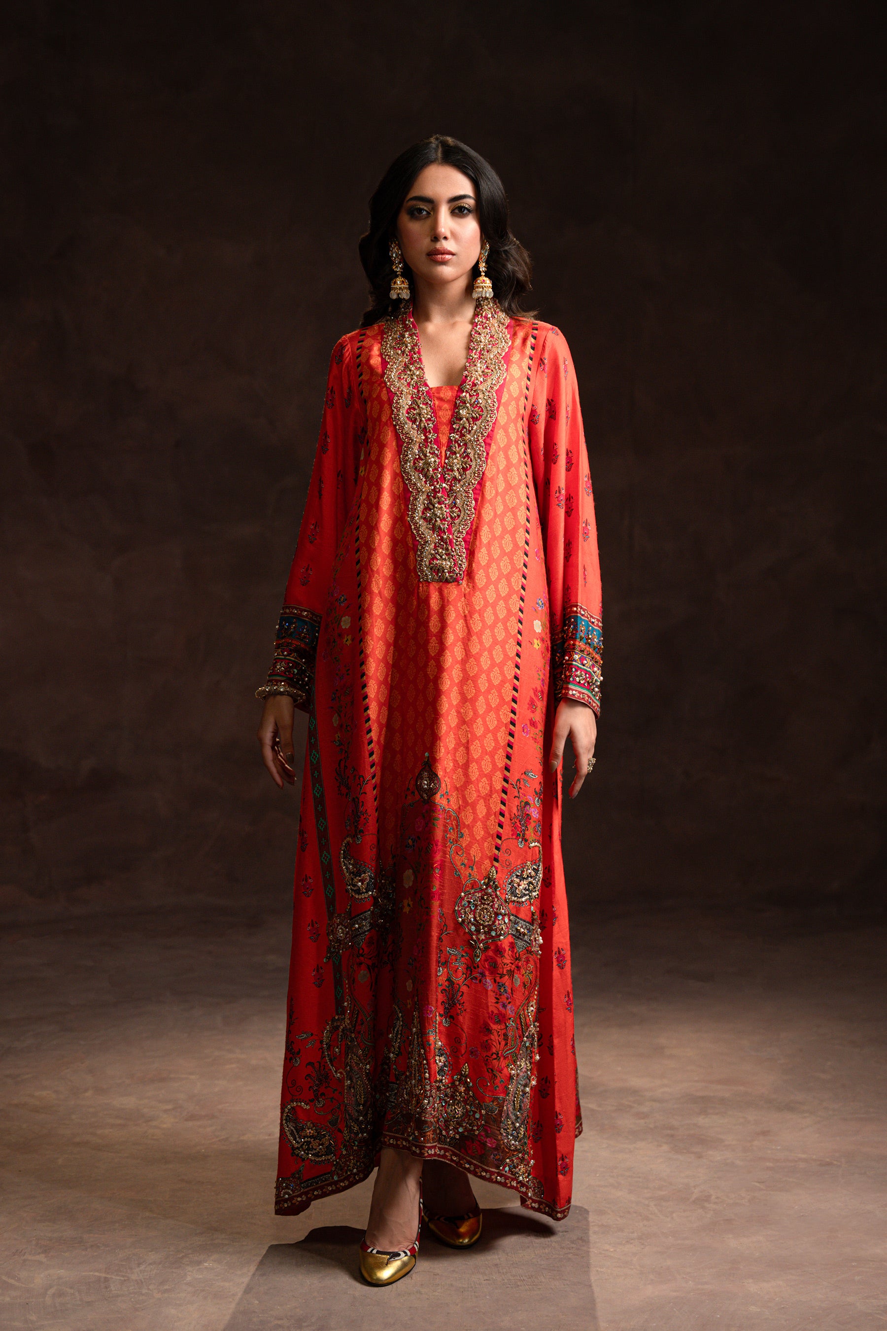Pakistani Tangerine Embellished Silk Kaftan Dress (2-Piece) - Image 2
