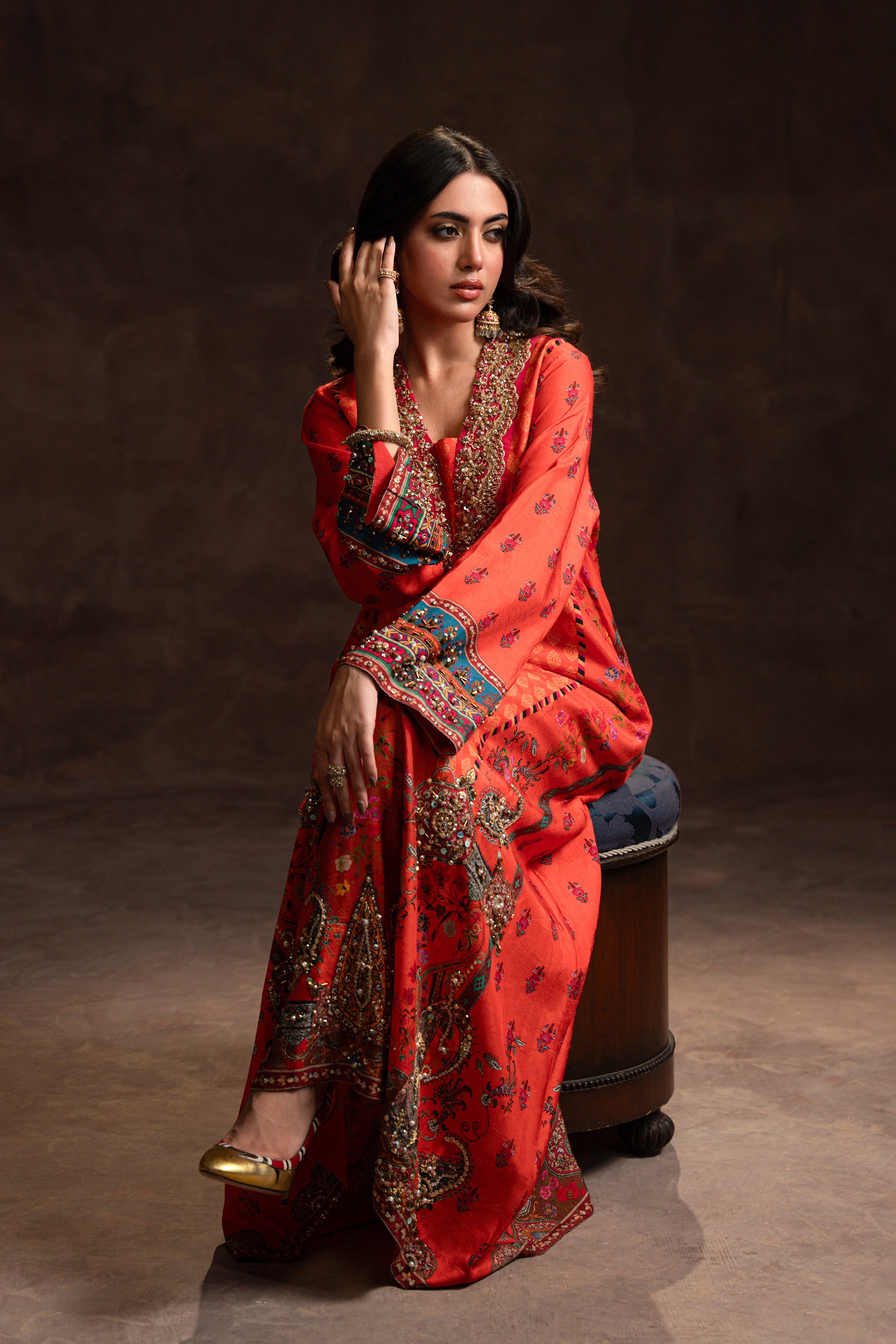 Pakistani Tangerine Embellished Silk Kaftan Dress (2-Piece) - Image 4