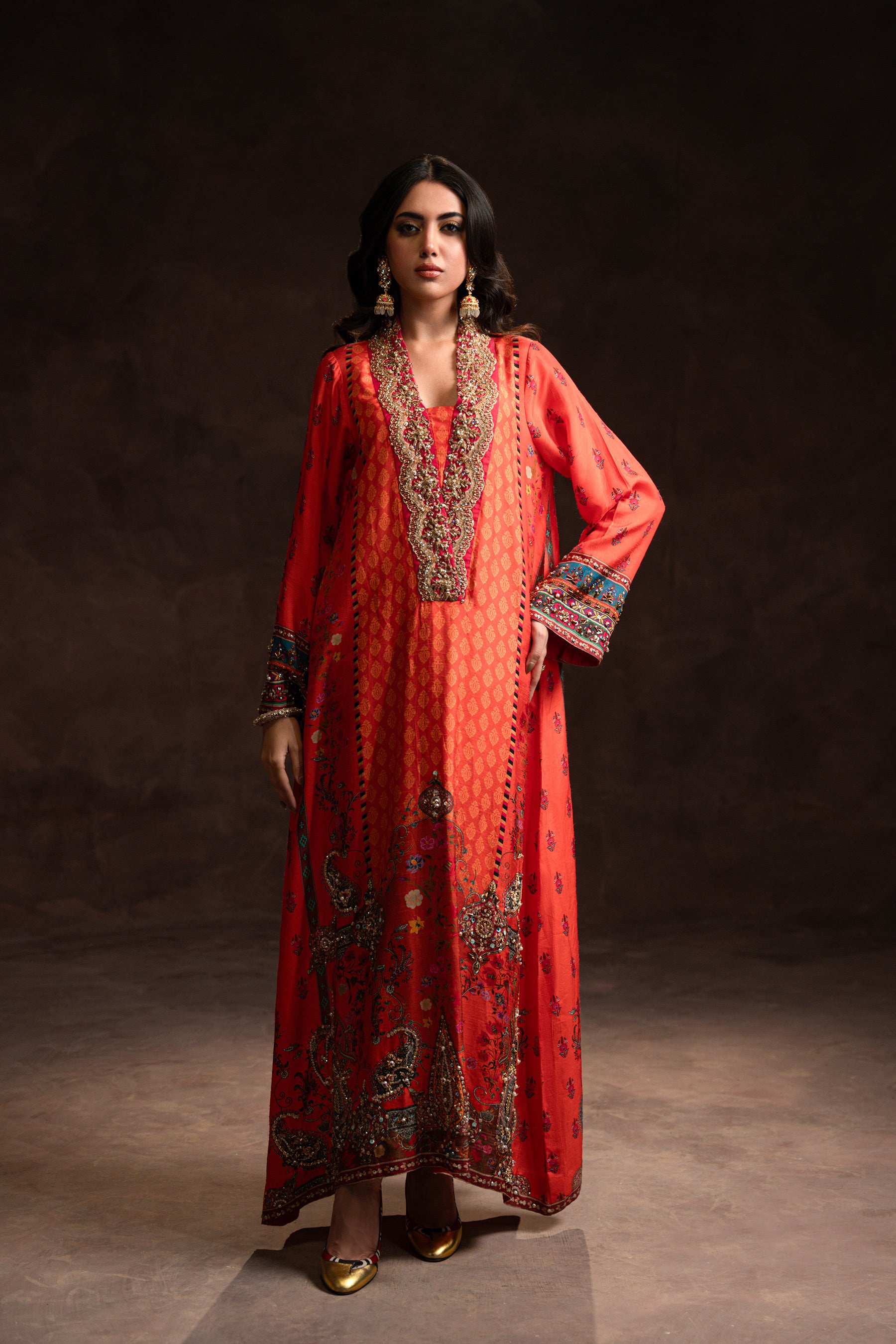 Tangerine Embellished Blended Raw Silk Kaftan (2-Piece) - Image 1