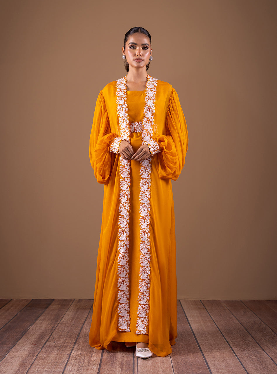 Rustic Orange Embroidered Chiffon Kaftan (2-Piece) - Image 1