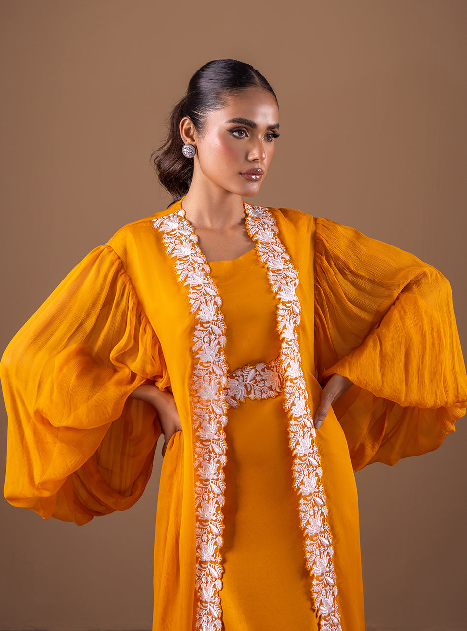 Rustic Orange Embroidered Chiffon Kaftan (2-Piece) - Image 2