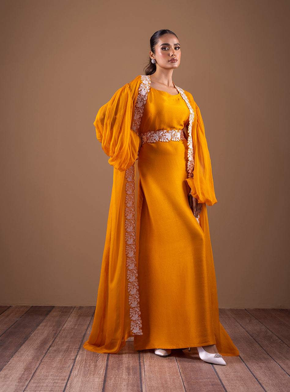 Pakistani Rustic Orange Embroidered Raw Silk Kaftan (2-Piece) - Image 4