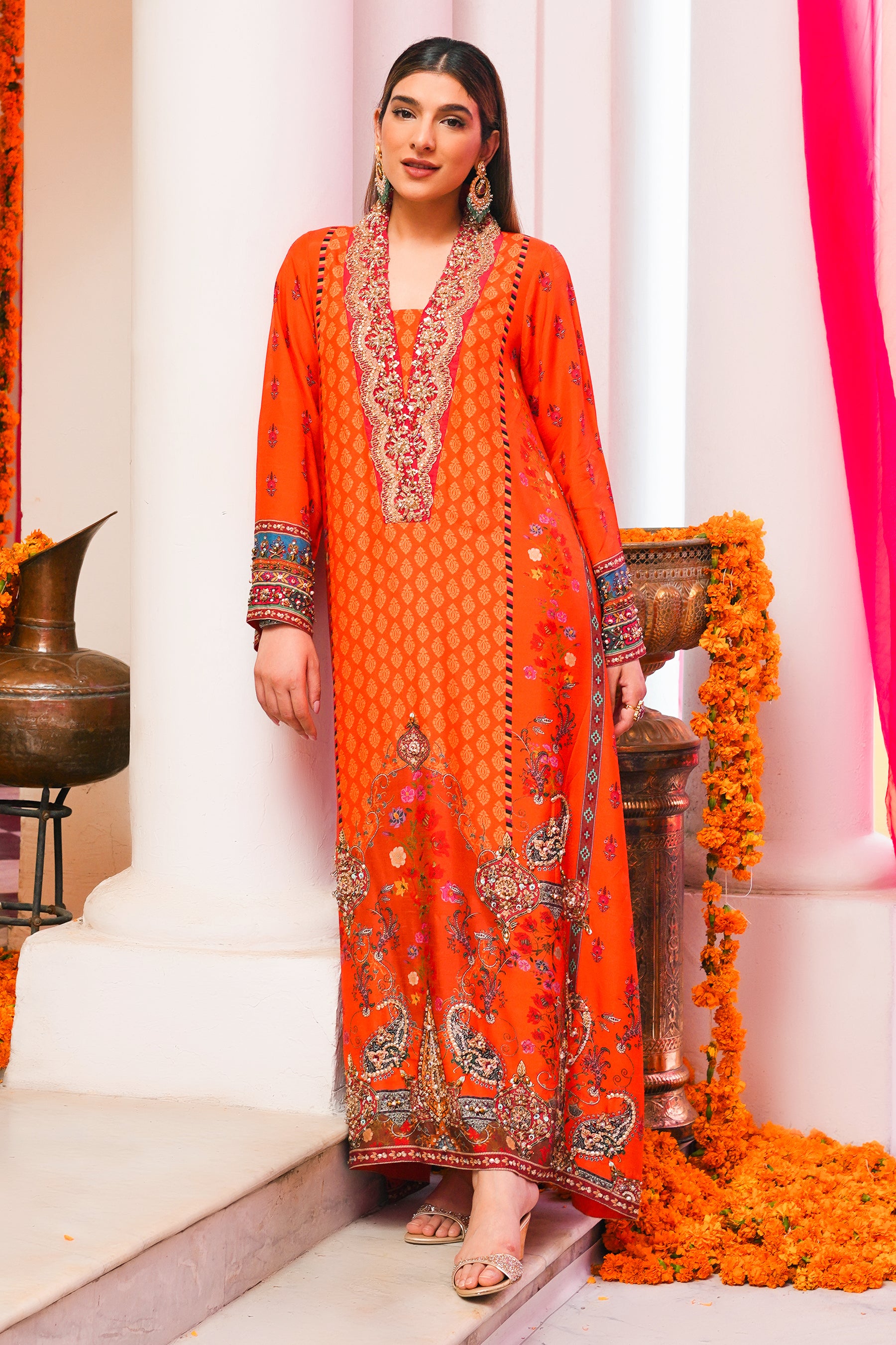 Pakistani Tangerine Embroidered Blended Raw Silk Kaftan (2-Piece) - Image 6