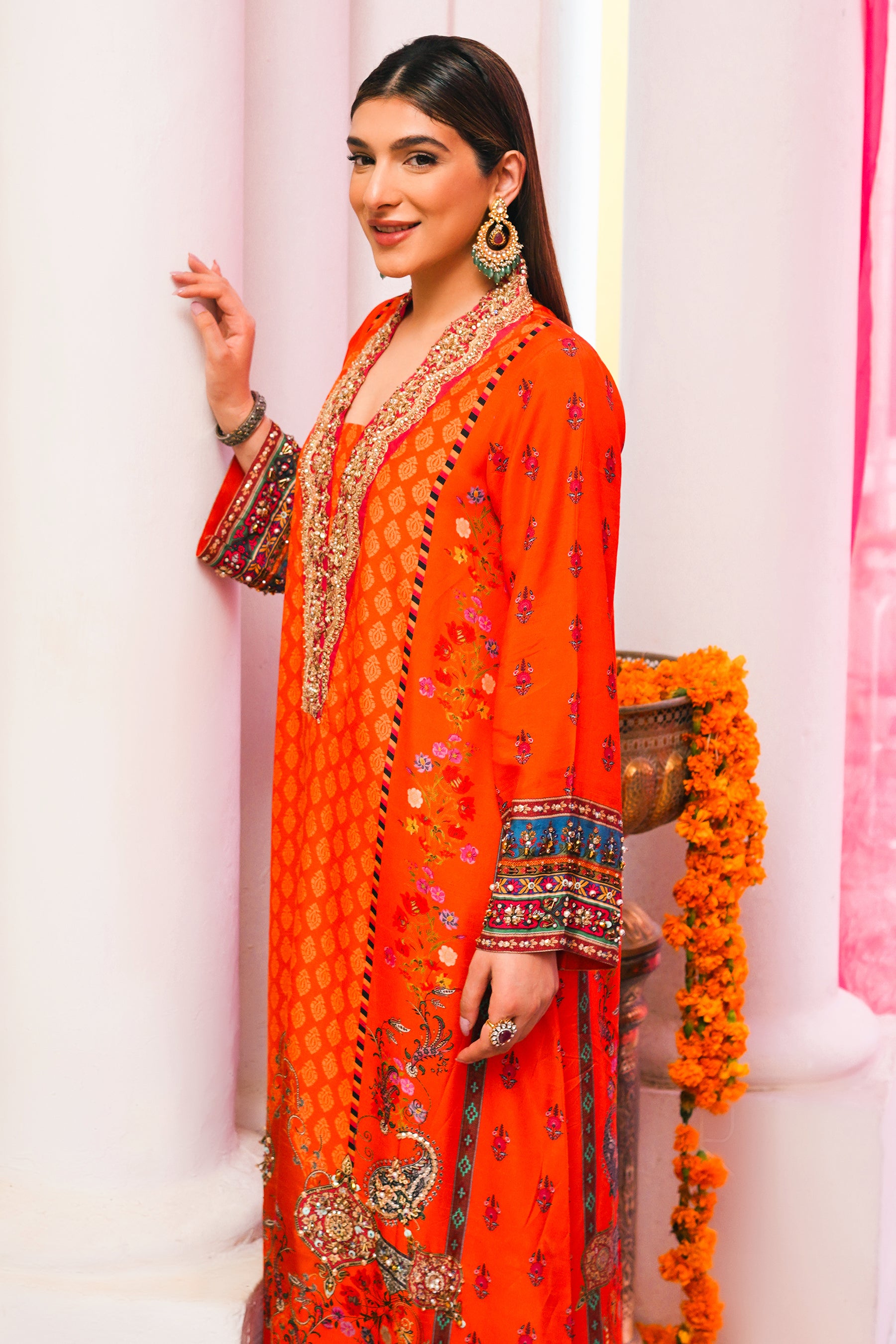 Pakistani Tangerine Embroidered Blended Raw Silk Kaftan (2-Piece) - Image 7