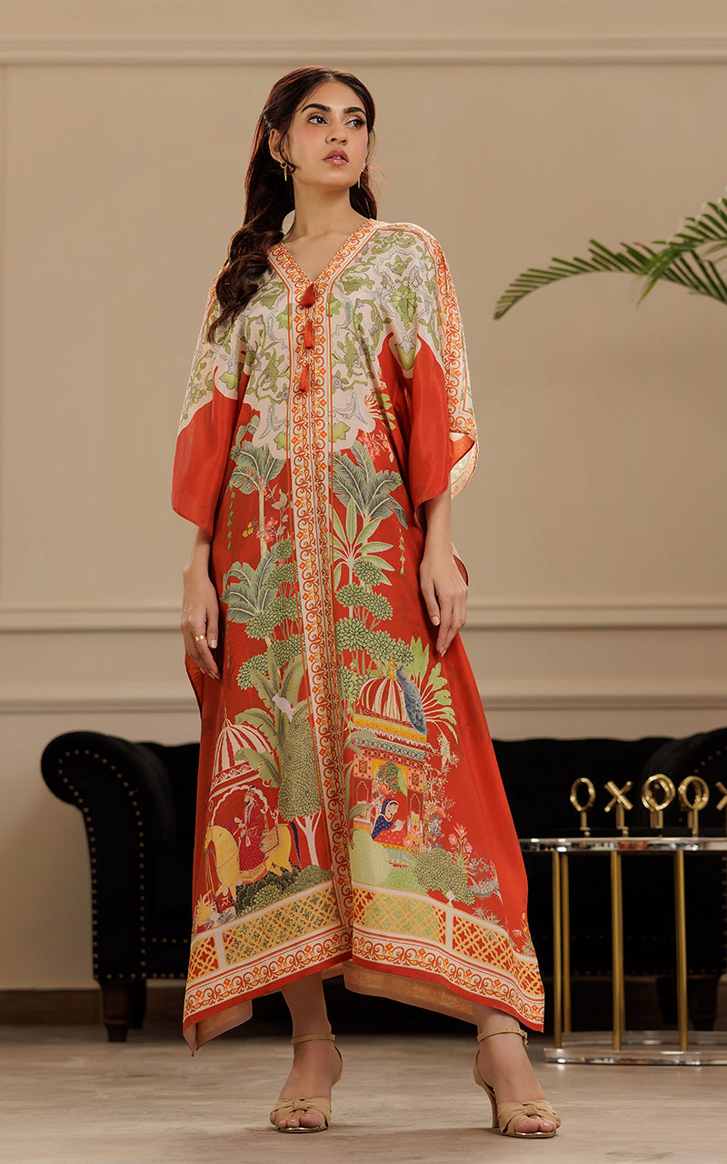 Pakistani Rust Printed Viscose Silk Kaftan (1-Pc) - Image 1