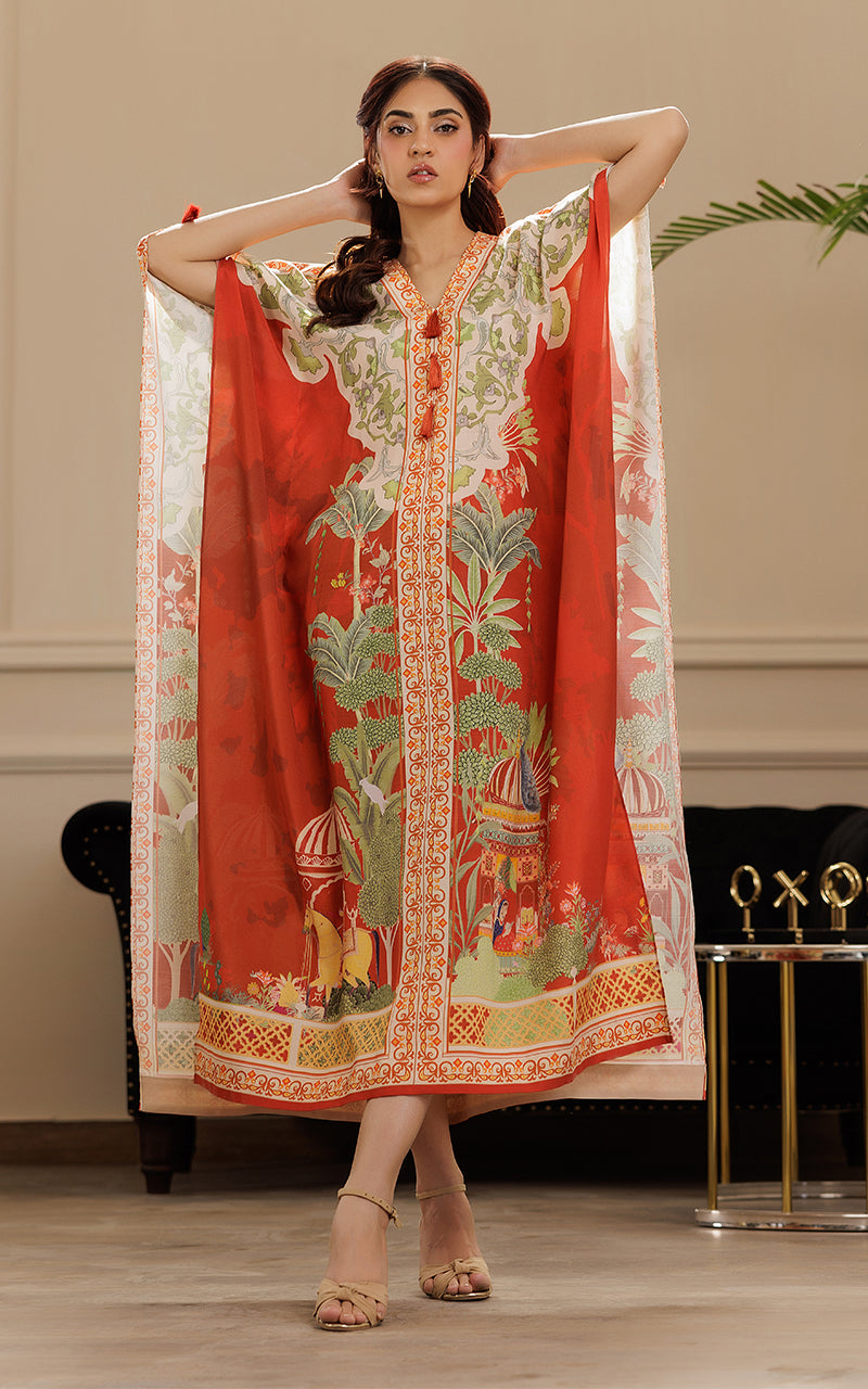 Pakistani Rust Printed Viscose Silk Kaftan (1-Pc) - Image 2