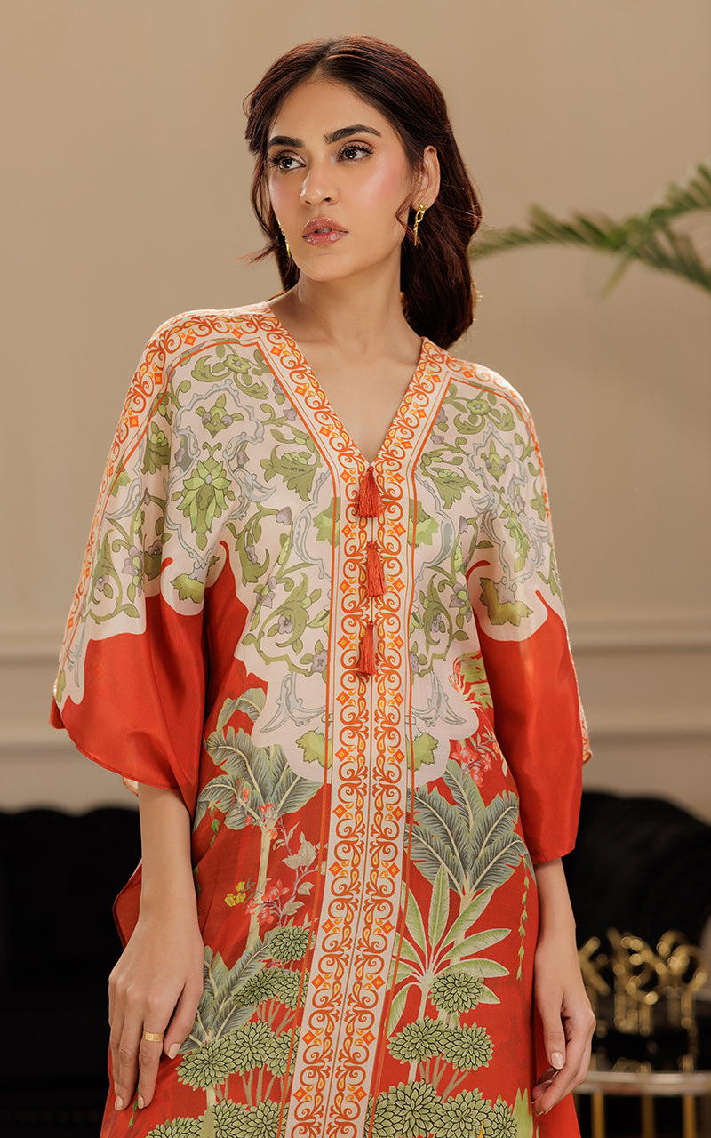 Pakistani Rust Printed Viscose Silk Kaftan (1-Pc) - Image 3