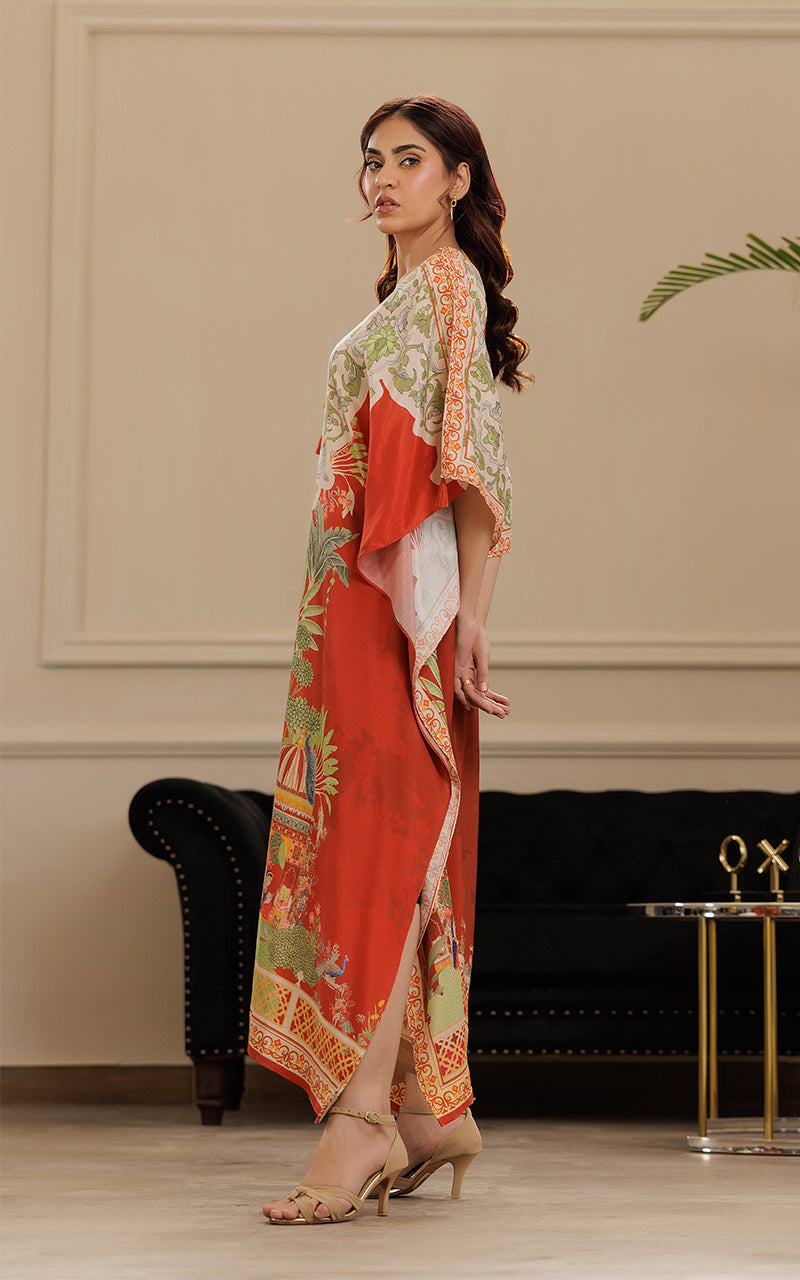 Pakistani Rust Printed Viscose Silk Kaftan (1-Pc) - Image 4